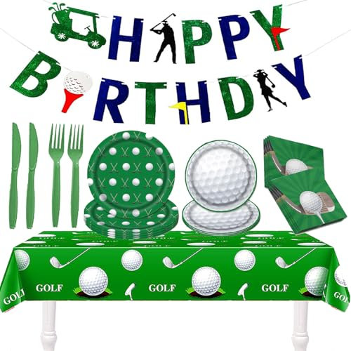 Golf Party Decorations Golf Sports Party Tableware Supplies Includes Banner, Tablecloth, Paper Plates, Napkins and Cutlery for Golf Ball Sports Games Player Club Themed Birthday Decorations