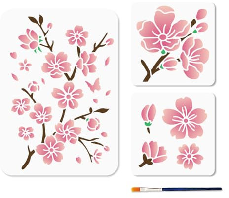 MAYJOYDIY 3 Pochoir Fleur de Cerisier 15×15/29.7×21cm Pochoir pour Peinture Branche de Fleur Modèle en Plastique Fleurs de printemps pour Peinture Sur Bois Bricolage Artisanat Toile Murale