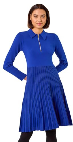 Roman Originals Zip Detail Knitted Dress for Women UK - Ladies Everyday Autumn Winter Round Neckline Comfy Soft Evening Vacation Work Party Night Out - Royal Blue - Size 18
