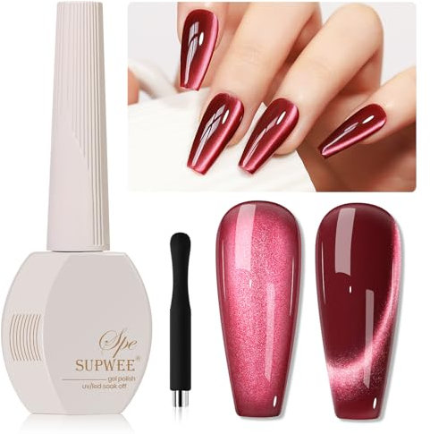 SUPWEE Cat Eye Gel Nail Polish 15ml Moonlight Magnetic Gel Polish Red Glitter with Magnet Soak Off UV LED Cat Eye Nail Varnish for Nail Art Salon DIY Home
