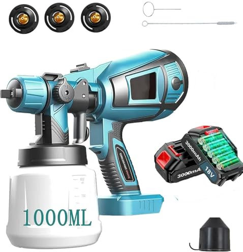 Cordless Paint Sprayer, HVLP Spray Gun Fence Paint Sprayer New Upgrades with 3 Nozzles & 1000ml Detachable Tank for Home Interior and Exterior (Blue(2 Battery))