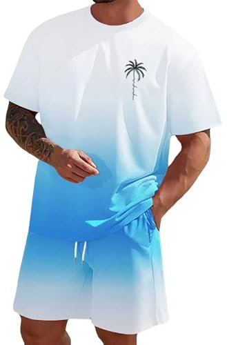 Survêtement 2 pièces pour homme - Tenue d'été - Pantalon court + t-shirt - Ensemble 2 pièces - Tenue d'été pour homme - Survêtement de fitness pour tous les jours, bleu ciel, L