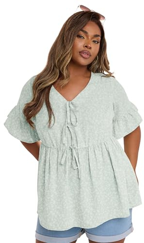 Yours Curve Sage Green Ditsy Floral Tie Front Peplum Top - Women's - Plus Size Curve
