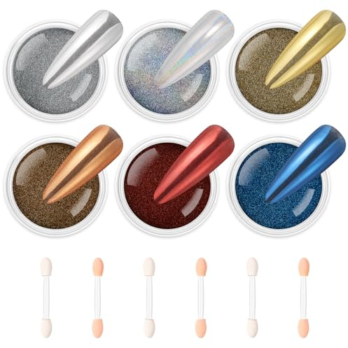 AIMEILI 6 Poudre Chrome Ongle, Effet Miroir Métallique Brillant Paillette, Laser Poudre à Ongles Caméléon Holographic Nail Art DIY Decor