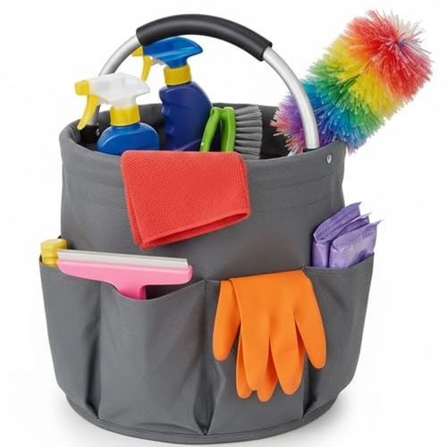 Jaffzora Cleaning Bucket Organiser Caddy, Cushioned Bag for Cleaning Products Organiser, Under Sink Storage for Cleaning Supplies with Handle,Grey