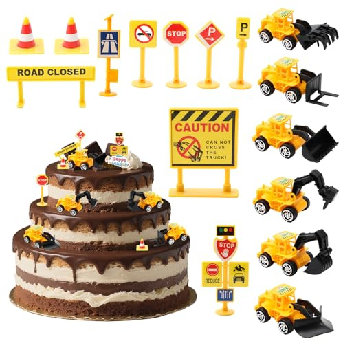 Yooyan Bagger Geburtstag Deko 2 Jahre - Tortendeko Baustelle Kuchendeko Geburtstag, Spielzeug Kuchen Deko, Baustellenfahrzeuge Verkehrsschilder, Wichtelbaustelle Wichtelzubehör für Wichteltür