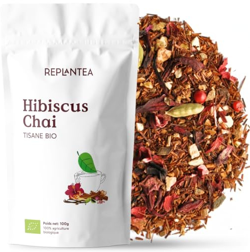 Infusion Bio Hibiscus Chaï 100g | Tisane Épicée à la Fleur d'Hibiscus, Cannelle & Gingembre | Mélange d'Automne Réconfortant | Rooibos en Vrac Sans Caféine REPLANTEA