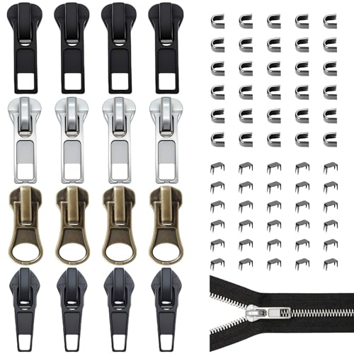 Kit de réparation fermeture éclair 76 pièces, curseur fermeture éclair n°5 clipsable, tirette en métal durable pour manteaux, jeans et sacs