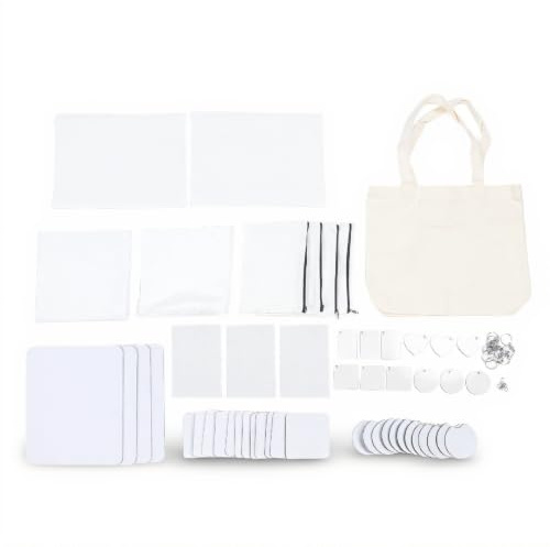 Kit Inicio Sublimacion 77 Piezas | Llavero Blanco, Bolsa Maquillaje, Funda Almohada, Tapete Taza Coche, Rompecabezas Bandera Jardin, Regalo Manualidades Pascua
