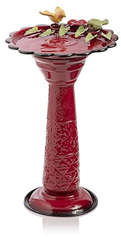 Alpine Corporation 28 Tall Outdoor Metal Birdbath with Birds and Leaves Yard Statue Decoration, Red
