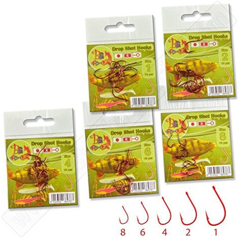 Kamatsu Drop Shot Wide Gap Red Fishing Hooks Strong Sharp Worm Perch Pike (VA09 1x10pcs Size 8 Drop Shot Red Hooks Big Fish)