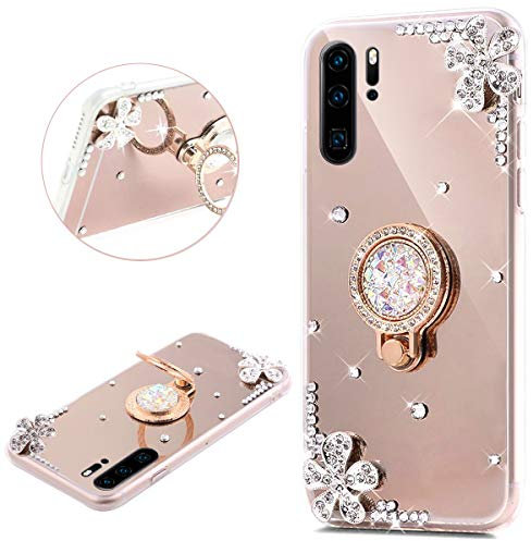 kompatibel mit Huawei P30 Pro Hülle Glitzer Spiegel TPU Schutzhülle Silikon Hülle für Huawei P30 Pro Glänzend Kristall Blumen Silikon Handyhülle Handytasche mit Ring Ständer Halter,Gold