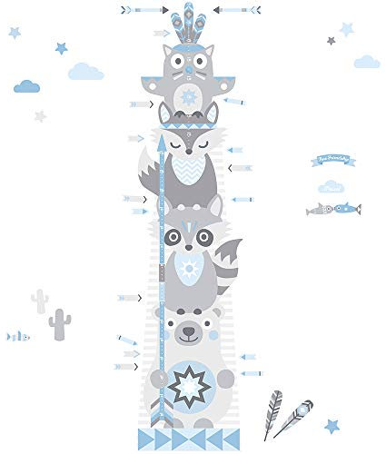 ANNA WAND Messlatte Kind zum Beschriften I Messlatte Wandtattoo Made in Germany I Größentabelle für Kinder & Baby I Mädchen & Junge I Indianer Tiere Blau Grau