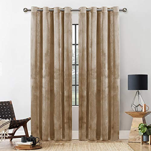Yorkshire Bedding Blackout Curtains 90 x 90 Room Darkening Beige Eyelet Crushed Velvet Curtains For Living Room Window Curtains + Tie Backs (228cm x 228cm)