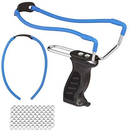 Relaxdays Unisex – Erwachsene stenslynge Relaxdays Steinschleuder inkl 100 Kugeln Ersatzgummi Wurfarm verstellbar Sport ab 18 Jahre S, Schwarz, 1 Stück EU