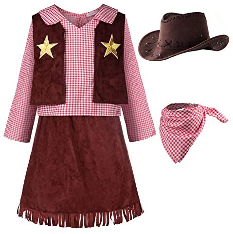 ReliBeauty Cowgirl Cowboy Costume Bambina con Cappello e Sciarpa Costumi di Carnevale,4-5 Anni