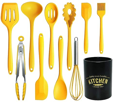 Lot de 11 ustensiles de cuisine en silicone résistant à la chaleur, spatule, spatule, spatule, pince, cuillère, fouet, sans BPA, passe au lave-vaisselle, ustensiles de cuisine antiadhésifs (jaune)