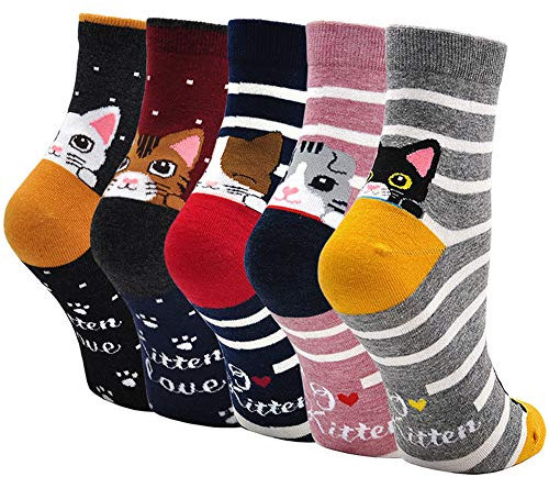 Lustige Bunte Socken Damen aus Baumwolle, Witzige Tier Socken Frauen Weihnachtssocken, 5 Paare, EU 37 - 43 (Katzen)