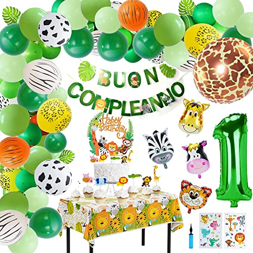 Festa Compleanno Bambino di 1 Anno decorazioni fest compleanno giungla 1 Palloncini animali giungla di Compleanno di 1Anno Striscione di Buon Compleanno italian
