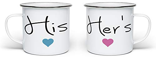 Pair of His & Her's Lovely (Heart) Novelty Enamel Mugs - White