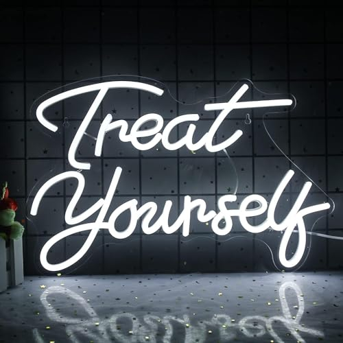 Wanxing Treat Yourself Neon Signs White Led Sign for Bedroom Wall Letter Neons Lights Wedding Signs Neon Room Decor for Birthday Present Party Home Decor Bar