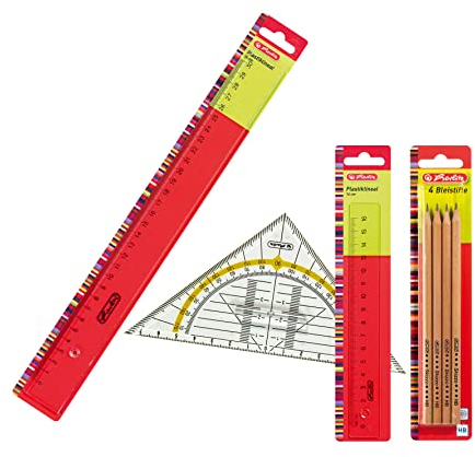 Herlitz Lineal Kunststoff Transparent (4er Set - Lineal 16 cm, 30 cm, 4 Bleistifte HB & Geometrie-Dreieck klein mit Griff)