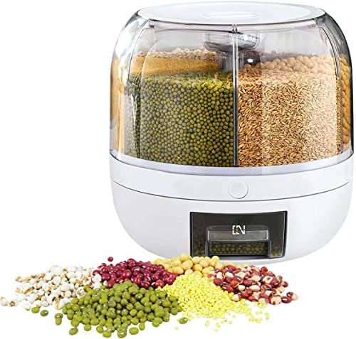 6-Grid Round Food Dispenser 360° Rotating Cereal Dispenser 3kg Capacity Rice Dispenser Dry Food Containers Transparent Plastic Grain Dispenser with Lid for Household Kitchen