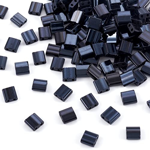 Crafans Lot de 200 perles rectangulaires en verre à 2 trous opaques et plates pour la fabrication de bracelets, de bijoux, de loisirs créatifs (noir)