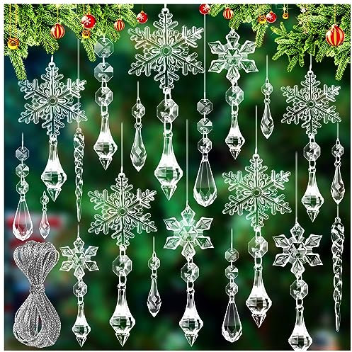 Weihnachtsbaumschmuck, Kristallornamente, hängende Weihnachtsschneeflocke, Ornament-Set, Acryl-Eiszapfen mit Kristalllinie, Set für Weihnachtsbaum, Winterwunderland, Neujahr, Partyzubehör, 28 Stück