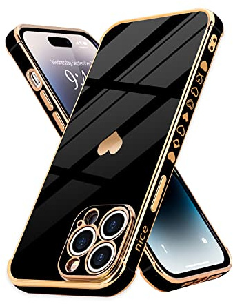 Urarssa for iPhone 14 Pro Case, Cute Love Heart Pattern, Black | Luxury Plating Gold Edge Heart Design Case for Women Girls Soft TPU Shockproof Full Camera Lens Protection Case