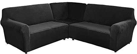 TOPCHANCES Ecksofabezug 5-Sitzer / 7-Sitzer L-Form 3er-Set - Hohe Stretch weichen Samt Ecke Sektional Sofa überzug Couch Abdeckungen für L Form Ecke Sofa Möbelschutz für Wohnzimmer (Black, 7 Seater)