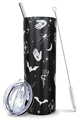 Goth Tumbler, Hexe Geschenke für Frauen, Halloween Tumbler mit Deckel und Strohhalm, Schwarze Hexenbecher/Reisebecher, gruselige Geschenke für Frauen, Hexe Goth Stuff, Goth Reisebecher 20oz