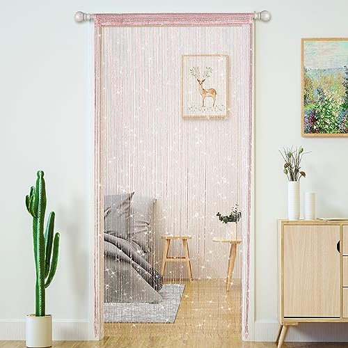 4 Pcs String Curtains for Doorways Glitter Beaded Curtains Door Sparkle Beads Curtain Open Closet Laundry Hanging Hippie Glisten Beads Window Girls Panel (Light Pink, 39×79 in)