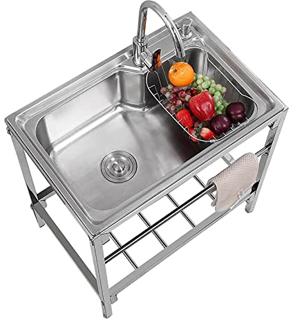 Outdoor Edelstahl Spültisch, Spüilbecken Küche, Werkstatt Spüle Standwaschbecken Waschtrog Garage Garten Camping Spülschrank Komplettspüle Mit Armatur