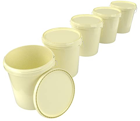 5X Eimer mit Deckel 16 Liter Creme - lebensmittelecht luftdicht und stabil, Leer Eimer mit Griff und Verschluss Deckel für Lebensmittel Chemie Wand Farbe Waschpulver Klebstoffe geeignet