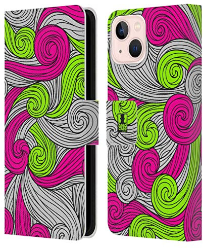 Head Case Designs Rosa neón y Verde Remolinos vívidos Carcasa de Cuero Tipo Libro Compatible con Apple iPhone 13