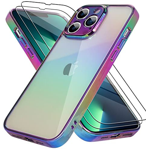 Bonoma Compatible with iPhone 13 Pro Case Bling Laser Florescent Iridescent Crystal Luxury Case Camera Protector + 2* Screen Protector Shockproof Protective Anti-Skid Edge Cover -Purple