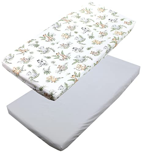 TupTam Baby Spannbettlaken Kinder Spannbetttuch für Babybett Kinderbett 2er Pack, Farbe: Safari/Löwe/Braun/Blätter/Grün/Grau, Größe: 70 x 140 cm