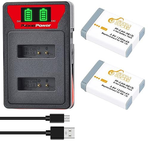 Pickle Power 2-Pack NB-13L Battery and Dual USB Charger for Canon PowerShot G1 X Mark III, SX620 HS, SX720 HS, SX730 HS, SX740 HS, G7 X, G7 X Mark II, G5 X, G5 X Mark II, G9 X, G9 X Mark II Camera