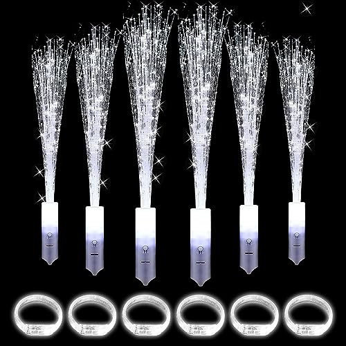 mizikuu 6 Stück LED Leuchtstäbe Partyzubehör, Leuchtwedel Glasfaser mit 6 Glowstick Armband 3 Modi blinkende Knicklichter Leuchtspielzeug Partyknicklichter für Weihnachten,Party,Konzert,Hochzeit