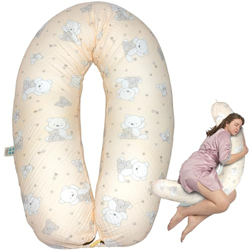 sei Design XXL Stillkissen 190x30 mit Musselin-Bezug ergonomisch, Schwangerschaftskissen Seitenschläferkissen Komfortkissen für Erwachsene, Stillkissenbezug aus 100% Bio-Baumwolle