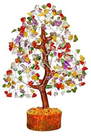 FASHIONZAADI Mix-Chakra-Edelsteinbaum für Feng Shui, Bonsai, Reiki, Heilkristalle, Geldbäume, Chakra-Ausgleichsstein, Glückskristall, Heimdekoration Tisch-Prunkstück, Größe 10-12 Zoll (Silberdraht)