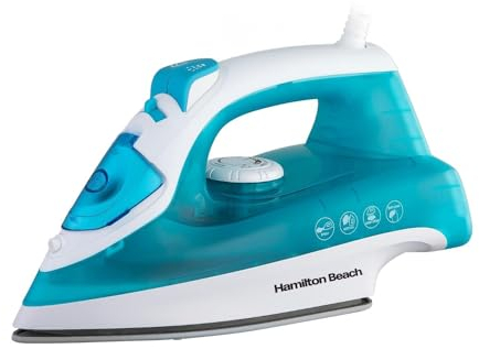 Hamilton Beach Steam Iron, 2200W, SteamMax, Non-Stick Ceramic Soleplate, Dry or Steam Ironing, Spritz Function, Crease Removal, Vertical Steam, Easy Fill Tank, Self Cleaning, Aqua/White - HB508AW