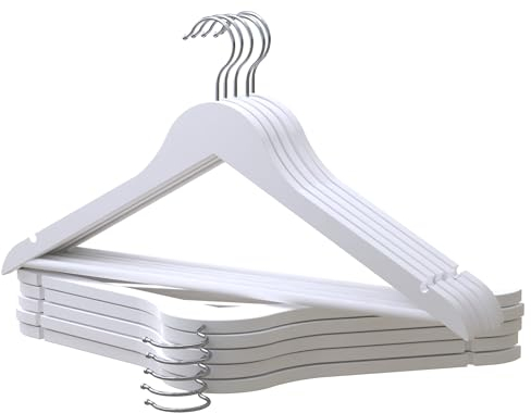 PORTENTUM Perchas de Madera, Set de 10, Blanco - Gancho Giratorio 360º, Muescas para Vestidos y Blusas, Barra Antideslizante para Pantalones, Aptas para Trajes, Camisas, Chaquetas