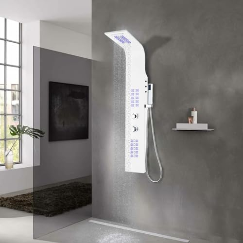 ARKEM Shower Panel Column Tower Multiple Function, Waterfall Rainfall Shower Head Body Jets Handheld Shower and Bath Spout Wall Mounted Shower System,Shower Panel Unit Aluminium 20x44x130 cm White