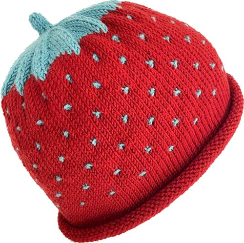 Erdbeermütze, Früchtemütze, Boshi Mütze Beanie gehäkelt Mehrfarbig Gratis Wandtattoo Coffee (L 56-60cm)