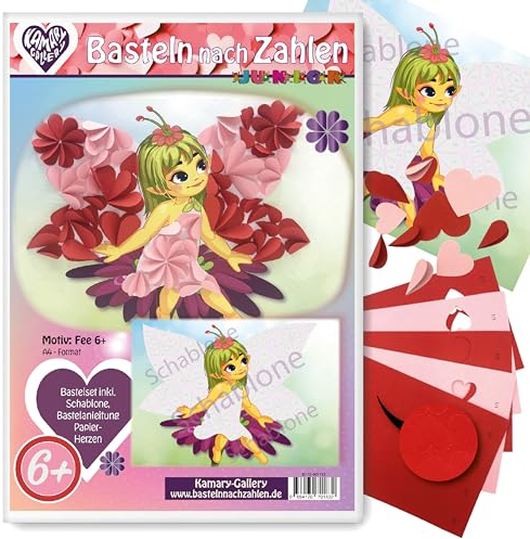 Kamary-Gallery Bastelset Basteln nach Zahlen, Papierbastelset versch. Motive für Kinder ab 6 Jahre, 3D basteln mit Papierherzen auf Schablone (Fee ab 6J)