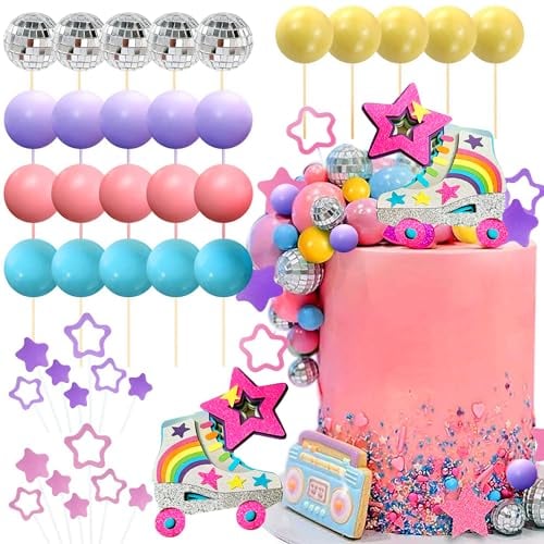 JeVenis Luxury Roller Skate Cake Topper Roller Skate Cake Decorations 80s Cake Topper Disco Ball Cake Decorations 90s Cake Toppers Skating Party Supplies