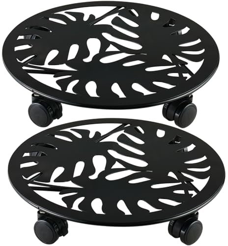 Lot de 2 paniers à plantes en métal avec roulettes de 34,5 cm - Support roulant en fer forgé robuste - Pour intérieur et extérieur - Avec plateau à roulettes - Dessous de verre - Feuilles de palmier
