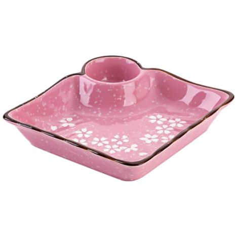 KICHOUSE Ceramic Dumpling Dish Japanischer Stil Quadratischer Keramikteller Mit Separatem Dip-bereich Für Sushi Wasserknödel Und Snacks Und Langlebig Zartem Kirschblüten-design Farbe